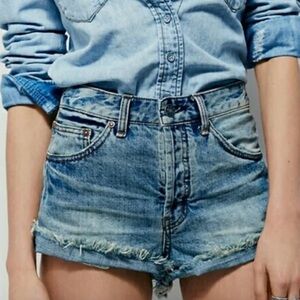Free People Rock Denim Uptown Camp Blue Mid Rise Cut Off Jean Shorts